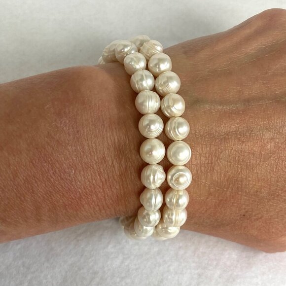 Sterling Silver 925 Two Strand Baroque Pearl Turquoise Bali Clasp Bracelet - Picture 2 of 16